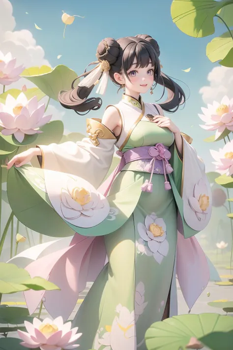 (masterpiece),(best quality),(ultra-detailed),1 8-year-old girl in hanfu,(chibi:1.2),smile,black hair,buns,long sleeves,brown eyes,(beautiful detailed face),(beautiful detailed eyes:1.16),floral patterns on the hanfu,skirt,closed mouth,light green and yellow and purple,bright morning light,<lora:lux lotus0.8>,(lotus leaves,lotus flowers:1.3),(outdoor,azure sky and white cloud:1.2),