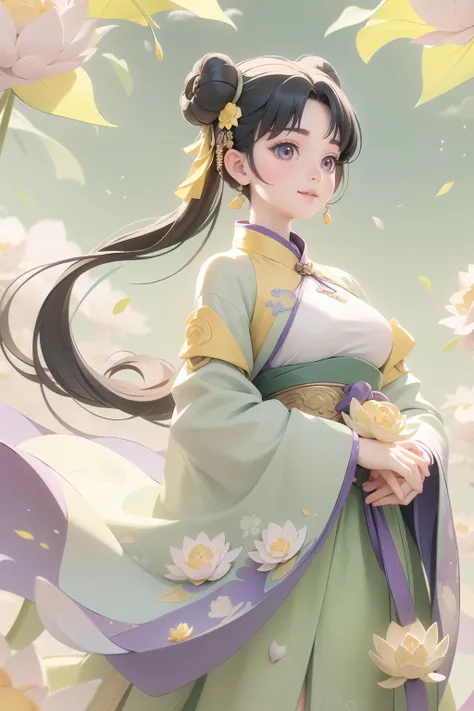 (masterpiece),(best quality),(ultra-detailed),1 8-year-old girl in hanfu,(chibi:1.2),smile,black hair,buns,long sleeves,brown eyes,(beautiful detailed face),(beautiful detailed eyes:1.16),floral patterns on the hanfu,skirt,closed mouth,light green and yellow and purple,bright morning light,<lora:lux lotus0.8>,(lotus leaves,lotus flowers:1.3),(outdoor,azure sky and white cloud:1.2),