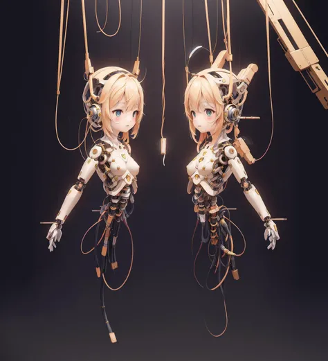 kawaii,cute,2girls,mechanical joints and cable:1.2,a discovery of a way to travel through time,goldpunk,hanging,upper body,active pose, goddess,masterpiece, best quality, <lora:robotorso_v1.0:0.9>,robot_torso:1.1