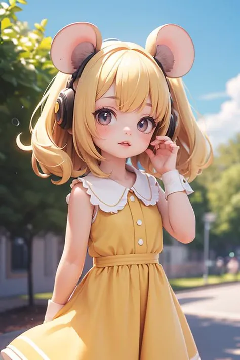 (masterpiece, best quality), 1girl, beautiful face,  <lora:Mousegirls_MINI:1> mousegirl, mouse ears, sundress, outdoors, blonde hair,