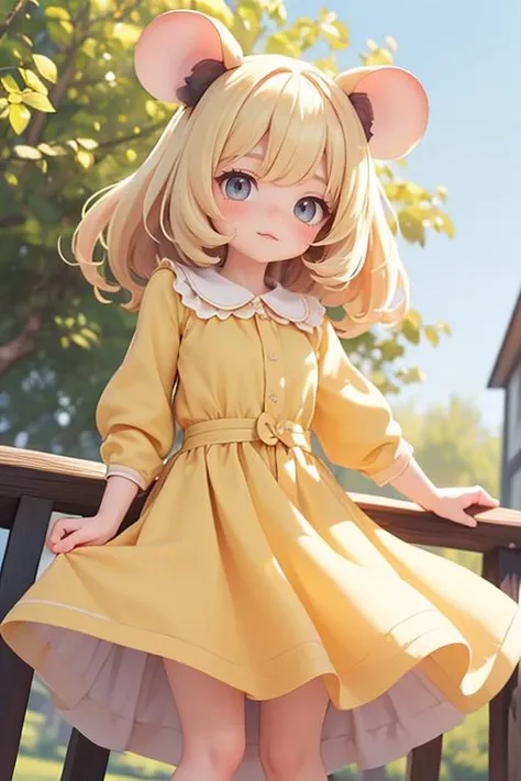 (masterpiece, best quality), 1girl, beautiful face, <lora:Mousegirls_MINI:1> mousegirl, mouse ears, sundress, outdoors, blonde hair,
