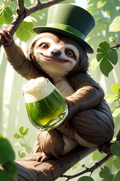 (a sloth climbing a tree:1.4), (wearing a green top hat), in a forest, sunrays, (smiling:0.3), four-leaf clover, ((holding a green beer):1.2), (reaching arm out), looking at viewer, (masterpiece:1.4), (4k:1.2), (extreme resolution:1.2), (highly intricate:1.2), (studio quality:1.2), (extremely detailed:1.2), (beautiful and aesthetic:1.4),