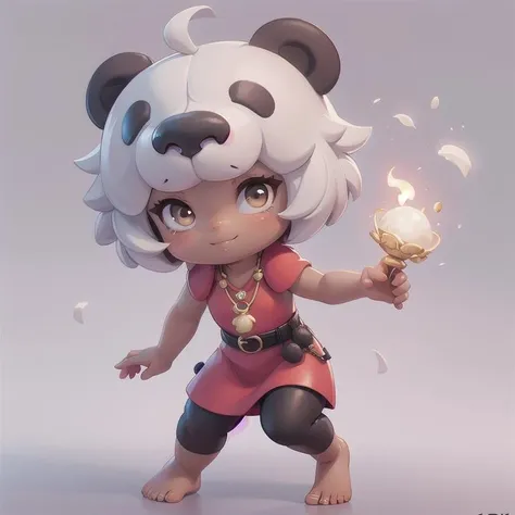 (panda:1.3), nitaBS, bear girl, red hair, short hair, hair ornament, bear ears, no pupils, shaded face, dark skin, dark-skinned female, barefoot, jewelry, necklace, (red dress:1.4), belt, ,  <lora:Nita_BrawlStars:0.5> , stand up ,  white hair , dark circles ,Gold Necklace