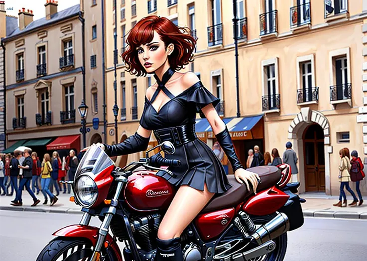 woman with short red hair and bangs, [serious | angry] expression, wearing paris fashion week clothes, riding red motorcycle through crowded city streets, masterpiece, moto,  t-s, dynamic perspective,  <lora:ts:0.5>, <lora:CB_350_v1:0.5>
