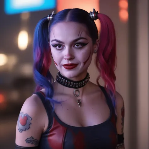photo of ohwx woman as harley quinn, in the movie Suicide Squad, dyed hair, highly detailed, cinematic look, city at night, cinematic, <lora:OliviaRodrigo:1>