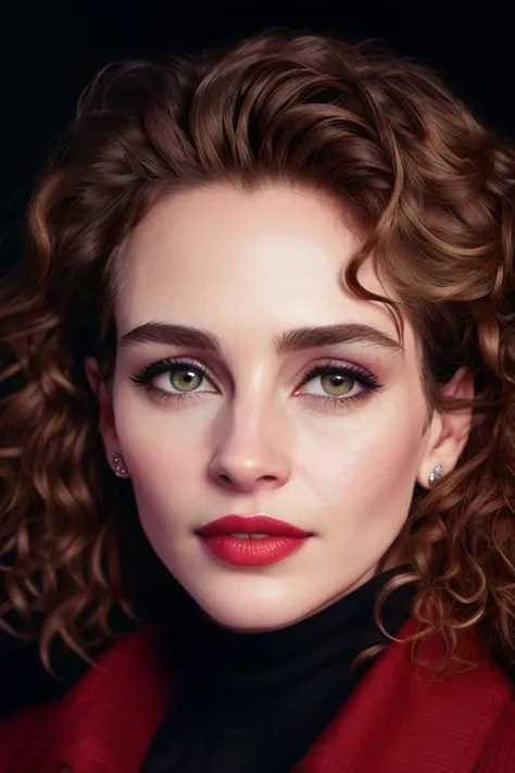 photo of juliaroberts-1500-3210:0.99, a woman, ((pale skin, curly hair)), ((closeup, portrait):1.1), ((turtleneck, coat)), ((at night, outdoors, city street):1.2),((detailed face, beautiful face, detailed eyes, beautiful eyes):1.3), ((best quality, masterpiece, extreme details, vivid colors):1.2), ((red lipstick, eyeliner, eye shadow):1.2),((detailed eyes, detailed face):1.2)