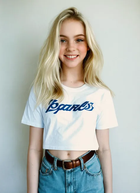 Jorjon, photograph of a woman standing indoors, t shirt, (detailed face), detailed iris, detailed eyes, full body, (pale skin:0.2), smiling, analog style, belly button, 
film grain, natural skin texture, <lora:Jorjon LORA RHM 5E 25 576 Cosine:0.95>