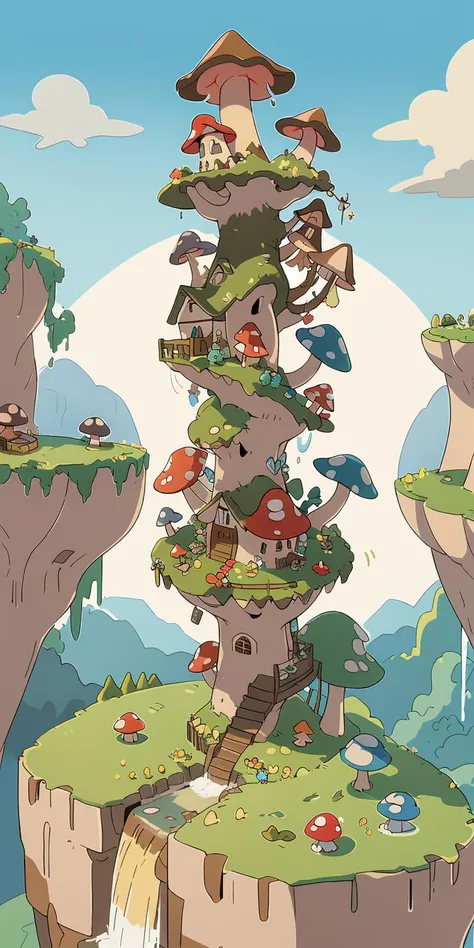 (masterpiece, best quality), mushroom village, isometric, waterfall, cloud