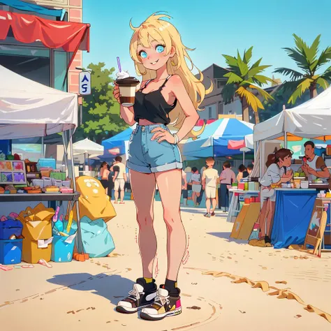 (masterpiece, best quality), 1girl, (adult), intricate details, standing, drinking coffee from a paper cup, blonde hair, blue eyes, in black Converse sneakers, happy face, summer, market street, beach, absurdres, dynamic angle:1.3