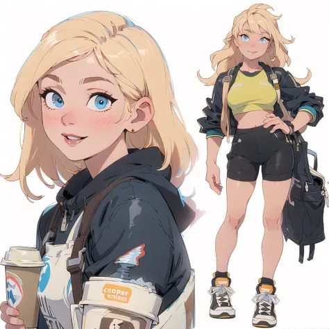 (masterpiece, best quality), 1girl, (adult), intricate details, standing, drinking coffee from a paper cup, blonde hair, blue eyes, in black Converse sneakers, happy face, summer, market street, beach, absurdres, dynamic angle:1.3, full body