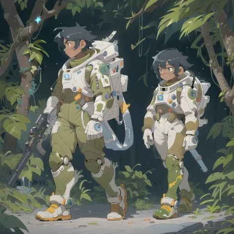 (masterpiece, best quality), star troop soldiers, mens, intricate details, in space costumes, holding weapon, guns, walking, alien planet, alien planet jungle, (jungle), dynamic angle:1.3