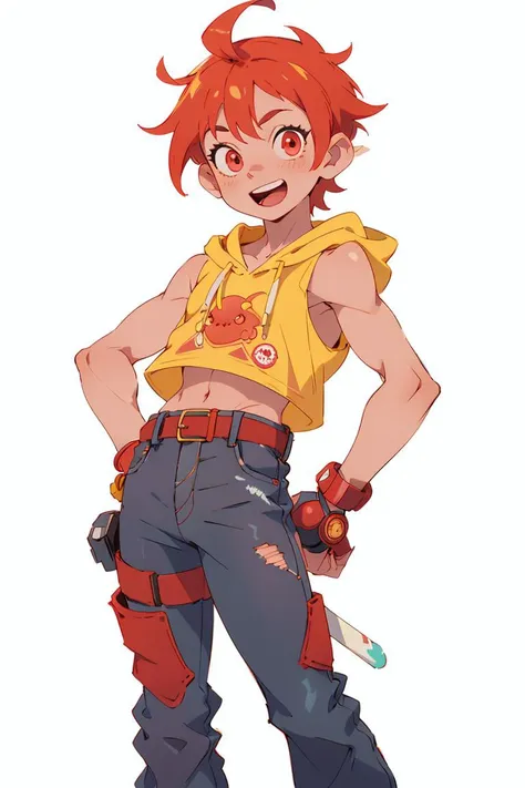 (1boy:1.2),male focus,__color__ eyes,solo,belt,hood,__color__ pants,looking at viewer,toned male,short hair,hood up,masterpiece,best quality,__color__ hair,(__light__:1.1),smile,open mouth,open clothes,sleeveless shirt,__color__shirt,__color__ jeans,(Red halo:0.6),