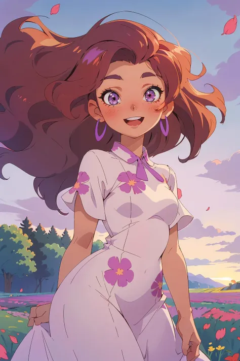 A woman in a vintage-inspired floral dress, her hair styled in loose waves, with a confident and radiant expression, open field, flower field, bloom, sunset, smile,  (((curvy))), ((mature female)), curly hair,   anime screencap, flat color, floating hair, wind, falling petals,  purple sky, bird, 
masterpiece, best quality, intricate detail,