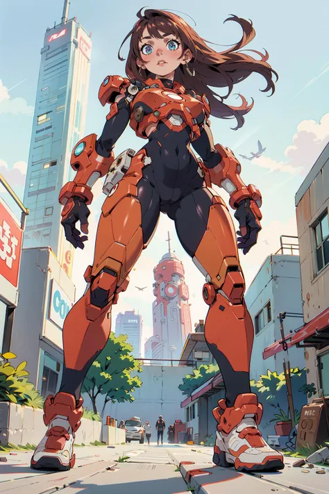 RAW, Masterpiece, Ultra Fine Photo, Best Quality, Ultra High Resolution, Photorealistic, Sunlight, Full Body Portrait, Stunningly Beautiful, Dynamic Poses, Delicate Face, Vibrant Eyes, she is wearing a futuristic Iron Man mech, red and gold color scheme, highly detailed abandoned warehouse background, detailed face, detailed and complex busy background, messy, gorgeous, milky white, high detailed skin, realistic skin details, visible pores , sharp focus, volumetric fog, 8k uhd, high quality, film grain, fair skin, photorealism, lomography, sprawling metropolis in futuristic dystopia, view from below, translucent