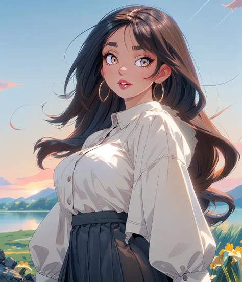 masterpiece, best quality, highres, intricate detail, 1girl, (mature female:1.5), (curvy:1.3), (thick lips:1.4), eyeshadow, brown eyes, long hair, black hair, grass, oversized clothes, long skirt, spring \(season\), blue sky, walking, lake, hill, sunset, looking at viewer, sunlight, portrait, feeling amused, cloudy sky, extreme close-up, lip biting,
high detail hair, high detail outfit, high detail hand, blue sky, high quality iris, high detail eyelash, tone mapping , high detail scenery, <lora:GoodHands-vanilla:1> <lora:hairdetailer:1.4>