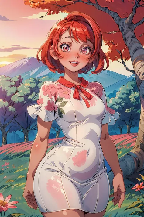A woman in a vintage-inspired floral dress, her hair styled in loose waves, with a confident and radiant expression, open field, flower field, bloom, sunset, smile, (((curvy))), ((mature female)), very short hair, ((thick lips)), anime screencap, flat color, red sky, dappled sunlight, cherry tree,
masterpiece, best quality, intricate detail, <lora:add_detail:1.5>