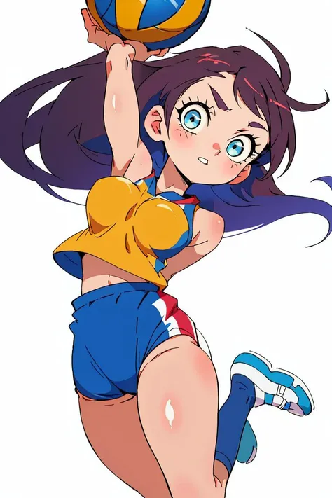 <lora:bouncing_breasts:1> bouncing breasts, a young girl volleyball player uniform small and short tanktop ((jump)), (bouncing big breasts) ,(masterpiece:1.2) (detailed eyes) (sharp focus),