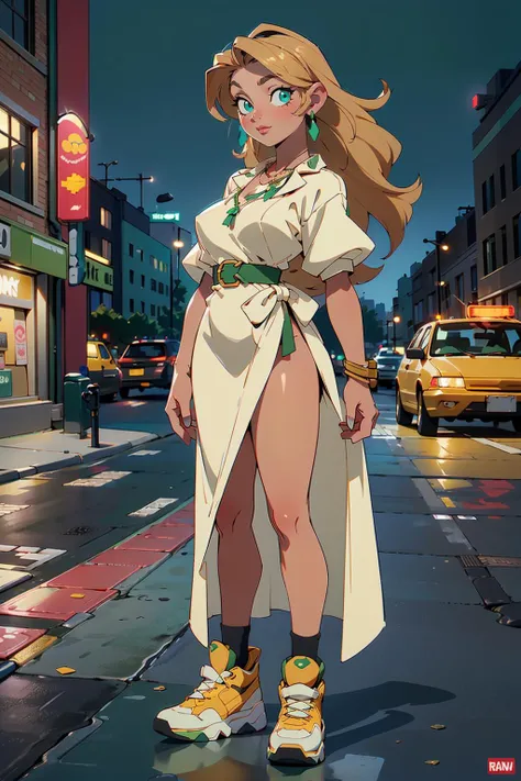 (full body shot), Best quality, masterpiece, ultra high res, (photorealistic:1.4), raw photo, 1girl, (22 years old Latina woman), medium breast, normal waist, dark golden blonde hair glamour, (green detailed eyes), beautiful face, wearing necklace, waist up, in crowded New York Street, night, deep shadow, dark theme, fancy white dress, gorgeous hair, <lora:3DMM_V11:0.5>
