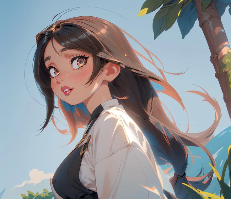 masterpiece, best quality, highres, intricate detail, 1girl, (mature female:1.5), eyebags, (curvy:1.3), (thick lips:1.4), eyeshadow, brown eyes, long hair, black hair, grass, oversized clothes, long skirt, high angle shot, spring \(season\), blue sky, walking, looking at viewer, sunlight, from side, parted lips, portrait, feeling amused cloudy sky, sign, close-up
high detail hair, high detail outfit, high detail hand, blue sky, high quality iris, high detail eyelash, tone mapping , high detail scenery, <lora:GoodHands-vanilla:1> <lora:hairdetailer:1.4> ,