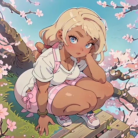 ( cherry blossoms:1.3), sunset, (masterpiece, best quality) intricate details, studio ghibli, 1girl,  mature female, dark skin, low eyebrows,  (gyaru:1.2) tied hair,  blonde hair, (curvy:1.4), squatting, from above,  hand on own cheek, right hand on knee