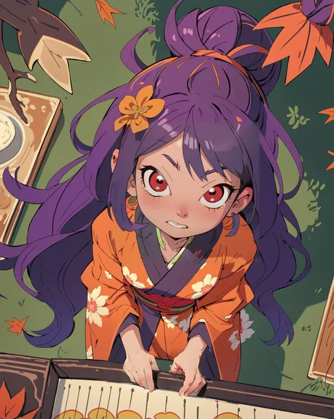 tanabata, night, market stall, autumn leaves, (masterpiece, best quality, high detail face) 1girl, very long hair, dark purple hair, hime cut, floral print kimono, (from above:1.2), bloom effect