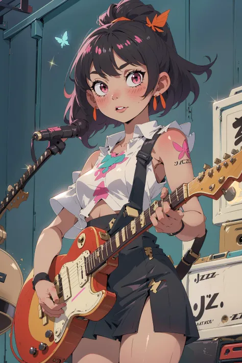Create an image of a rebellious Asian girl on stage. She is in her early 20s, with a confident and vibrant energy. Her hair is a jet-black bob, framing her expressive face marked by a bold lip color and sharp eyeliner. Her style is eclectic with a street fashion edge, wearing a loose, white ruffled blouse paired with a high-waisted black skirt that has a subtle asymmetrical cut. Over the blouse, she dons a custom denim vest adorned with various embroidered patches, including geometric patterns and cultural motifs.
The girl has a large, detailed (butterfly tattoo:1.2) on her thigh.
She is playing a (hollow-body jazz guitar:1.5). Her fingers are on the strings and frets with practiced ease.
The stage is set with warm, ambient lighting, casting a soft glow that highlights the performer and her instrument. The focus is on the girl, her style, and her music, with a depth of field that blurs the background slightly, ensuring she remains the central figure in this composition. glitters and sparkle.
(masterpiece, best quality)