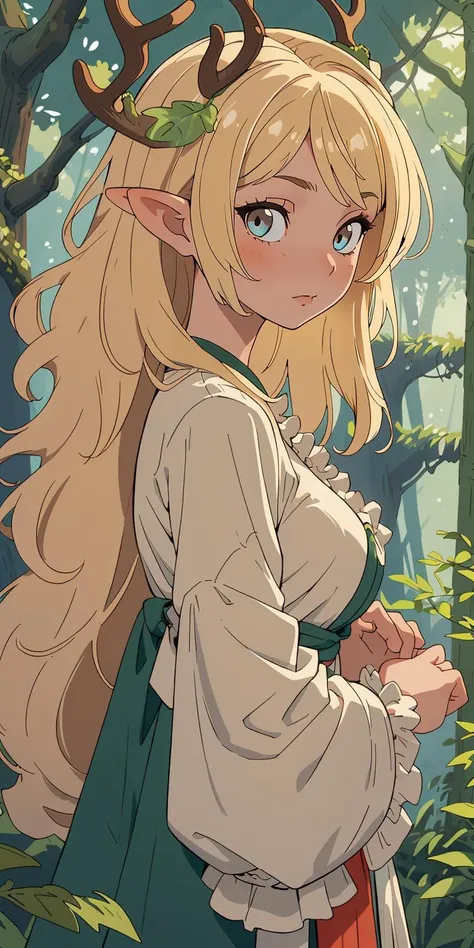 (masterpiece, best quality), 1girl, intricate details, blonde, leaf, wavy hair, looking at viewer, elf, upper body, forest, frills, mist, deer antlers,