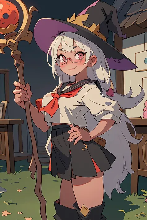 (best quality, masterpiece), (extremely detailed:1.3), (1girl), HDR, witch, star \(symbol\), active pose, orb, medieval, holding staff, fang, town, tavern, house, serafuku,