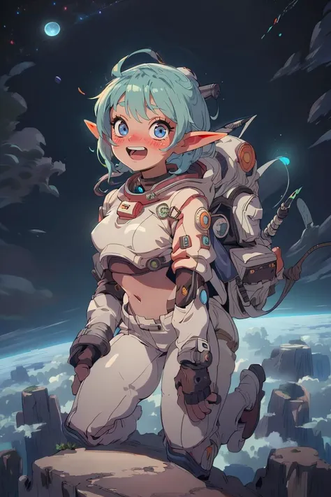 (best quality, masterpiece) high resolution, extremely detailed, detailed background, cinematic lighting, illustration, 1girl, solo, active pose, long eyelashes, colored eyelashes, (sharp eyes:1), short hair, cloudy sky, flying,  above clouds, from above, stars, elf, starry sky, happy, :d, spacesuit, thight suit, midriff, (nude:0.8), LunarPunkAI <lora:add_detail:0.8>  <lora:LunarPunkAI:1>