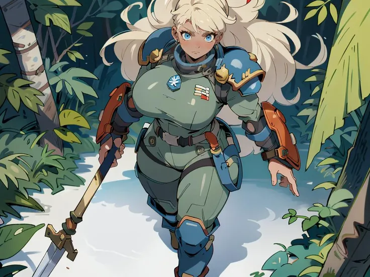 (masterpiece), (best quality), (detailed, absurdres), woman in a space marine armor, curvy, large breasts, long blonde hair and blue eyes, walking in the alien planet jungle forest, holding weapon in her hand, looking to the side, from the top above:1.2