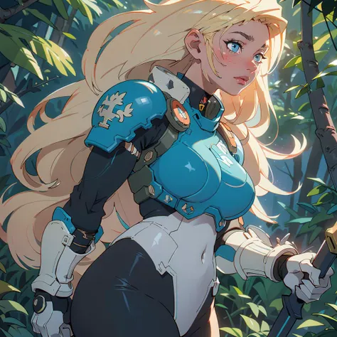 (masterpiece), (best quality), (detailed, absurdres), woman in a space marine armor, curvy, large breasts, long blonde hair and blue eyes, walking in the alien planet jungle forest, holding weapon in her hand, looking to the side, dynamic angle:1.2, (realistic:1.5), photorealistic, octane render, hyperrealistic, sharp focus, (8k), (4k), (masterpiece), (best quality), extremely detailed, intricate, hyper detailed, illustration