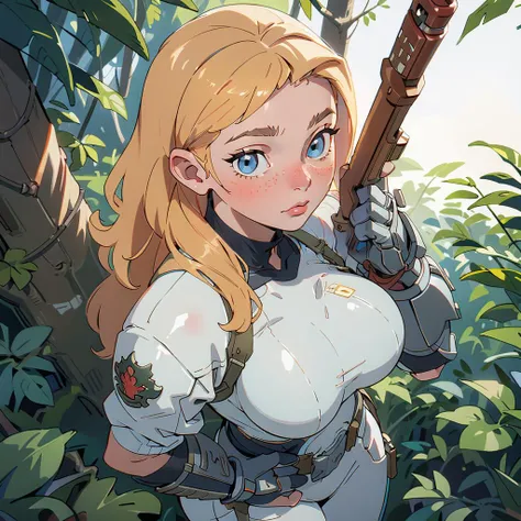 (masterpiece), (best quality), (detailed, absurdres), woman in a space marine armor, curvy, large breasts, long blonde hair and blue eyes, walking in the alien planet jungle forest and holding riffle in hands, from the top above view:1.2, (realistic:1.5), photorealistic, octane render, hyperrealistic, sharp focus, (8k), (4k), (masterpiece), (best quality), extremely detailed, intricate, hyper detailed, illustration