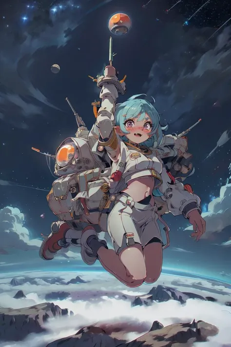 (best quality, masterpiece) high resolution, extremely detailed, detailed background, cinematic lighting, illustration, 1girl, solo, active pose, long eyelashes, colored eyelashes, (sharp eyes:1), short hair, cloudy sky, flying, above clouds, from above, stars, elf, starry sky, happy, spacesuit, thight suit, midriff, spacecraft, planets, moons, skirt, (nude:0.8), LunarPunkAI <lora:add_detail:0.8> <lora:LunarPunkAI:1>