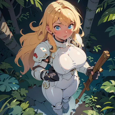 (masterpiece), (best quality), (detailed, absurdres), woman in a space marine armor, curvy, large breasts, long blonde hair and blue eyes, walking in the alien planet jungle forest and holding riffle in hands, from the top above view:1.2