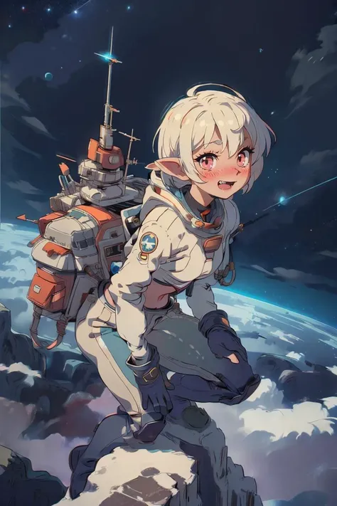 (best quality, masterpiece) high resolution, extremely detailed, detailed background, cinematic lighting, illustration, 1girl, solo, active pose, long eyelashes, colored eyelashes, (sharp eyes:1), short hair, cloudy sky, flying, above clouds, from above, stars, elf, starry sky, happy, :d, spacesuit, thight suit, midriff, (nude:0.8), LunarPunkAI <lora:add_detail:0.8> <lora:LunarPunkAI:1>