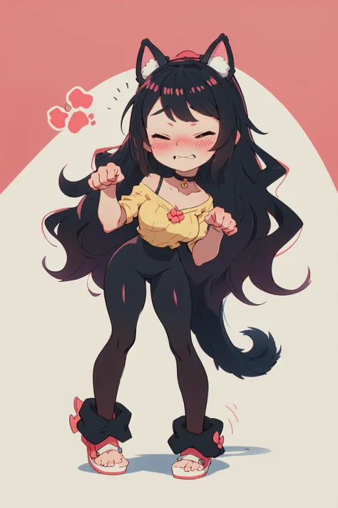 1girl, fake animal ears, choker, bell, black hair, closed eyes, sidelocks, (paw pose:1.2), (wavy mouth, clenched teeth:1.1), embarrassed, (full-face blush:1.1), large breasts, (> <:1.1), straight-on, full body, mid shot <lora:GoodHands-beta2:1.5>