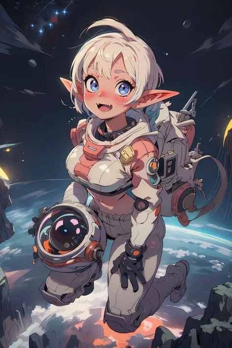 (best quality, masterpiece) high resolution, extremely detailed, detailed background, cinematic lighting, illustration, 1girl, solo, active pose, long eyelashes, colored eyelashes, (sharp eyes:1), short hair, cloudy sky, flying,  above clouds, from above, stars, elf, starry sky, happy, :d, spacesuit, thight suit, midriff, (nude:0.8), LunarPunkAI <lora:add_detail:0.8>  <lora:LunarPunkAI:1>