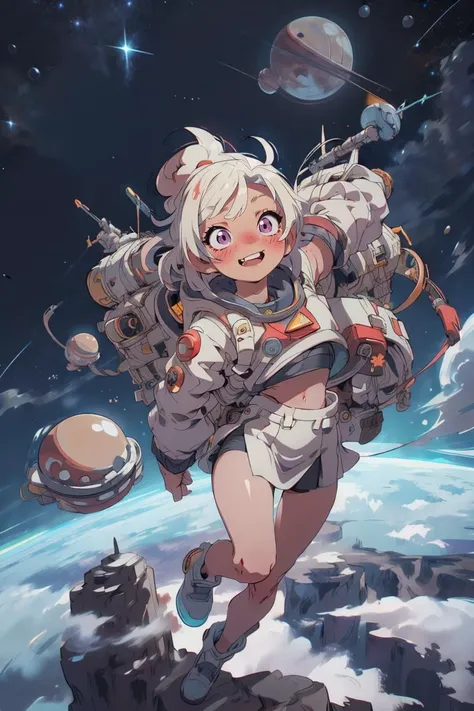 LunarPunkAI, (best quality, masterpiece) high resolution, extremely detailed, detailed background, cinematic lighting, illustration, 1girl, solo, active pose, long eyelashes, colored eyelashes, (sharp eyes:1), cloudy sky, flying, above clouds, from above, stars, starry sky, happy, spacesuit, midriff, spacecraft, planets, moons, (miniskirt), (nude:0.8), space theme, glowing hair, <lora:add_detail:0.8> <lora:LunarPunkAI:1>
