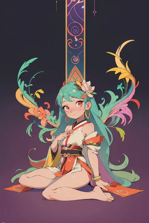 (masterpiece, top quality, best quality, official art, beautiful and aesthetic:1.2), (1girl:1.3), (fractal art:1.3), high resolution, petite, extremely detailed, detailed background, abstract background, multicolored background, cinematic lighting, illustration, solo, active pose, kareido (kaleidoscope), (thangka apsaras:1), divinity, light rays, hair ornament, sitting, lotus, geometry,
