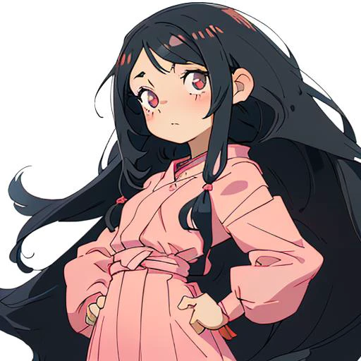 anime, girl, looking to the right, hands in the back, playful facial expression, chibi, long wavy black hair, funny