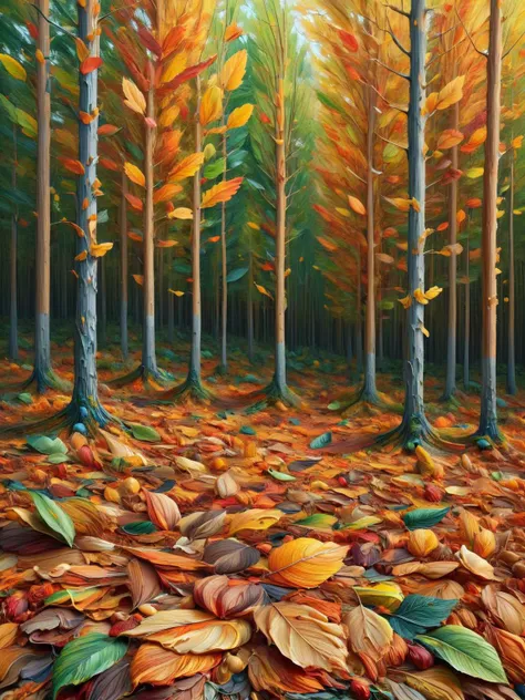 A forest of autumn leaves, each leaf a different shade and aconvered by ais-acrylicz, as if the forest were a painterâs palette <lora:Acrylic_Paint_Style_SDXL:1>