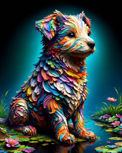 Concept art, Puppy Dog, pond, Detailed illustration, F/5, epic fantasy, <lora:Acrylic_Paint_Style_SDXL:1> ais-acrylicz
