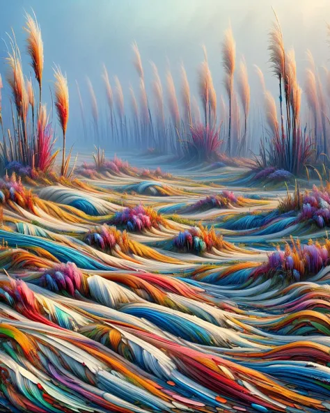 fantasy, landscape of a 1920'S Tundra, reeds, Foggy conditions, <lora:Acrylic_Paint_Style_SDXL:1> ais-acrylicz