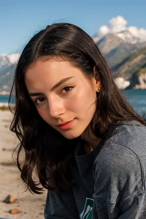a close up photo, portrait, effy,1girl, sweater,outside, windy day, sun, ocean, rocks, mountains,  <lora:effy_v2-000006:1>