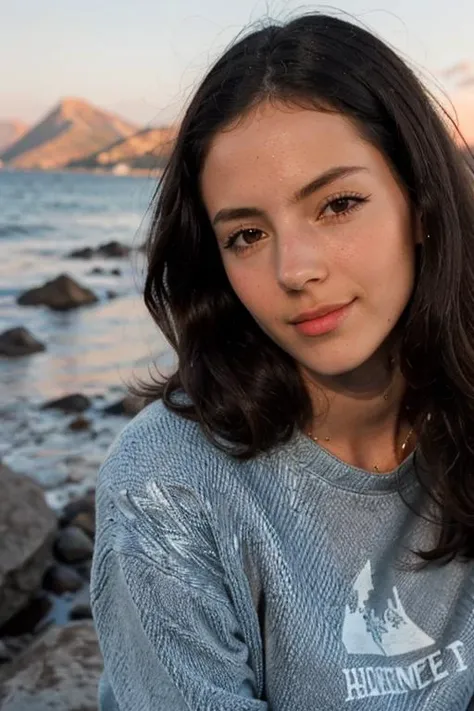 a close up photo, portrait, effy,1girl, sweater,outside, windy day, sun, ocean, rocks, mountains, <lora:effy_v2-000006:1>