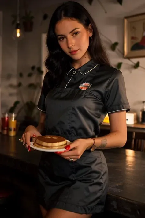 a close up photo, portrait, effy, 1girl, waitress uniform, servering pancakes, neon lights, vintage, diner <lora:effy_v2-000006:1>