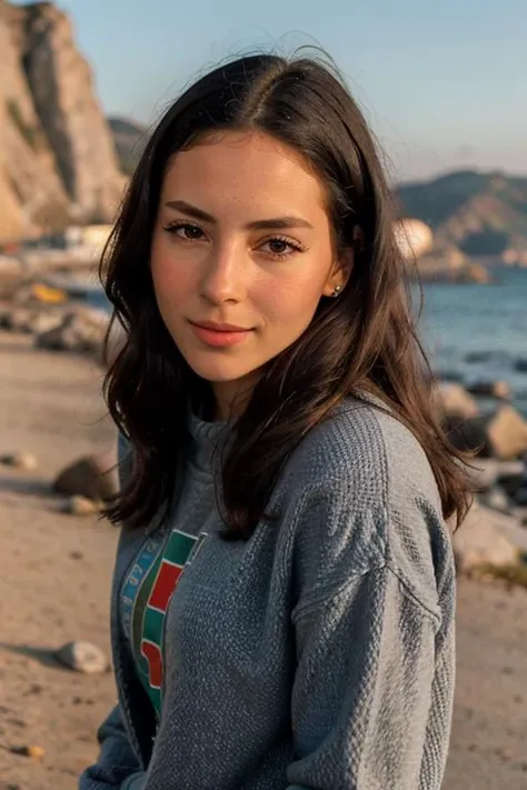 a close up photo, portrait, effy,1girl, sweater,outside, windy day, sun, ocean, rocks, mountains, <lora:effy_v2-000006:1>