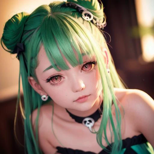 unparalleled masterpiece, (ultra realistic 8k RAW photo, best quality, masterpiece:1.4), perfect artwork, best quality, ultra high res, (realistic, photo-realistic:1.4), (flickles:1.2)
(photographed with Fujifilm XF18 lens 85mm f1.8:1.1),(perfect limbs:1.4) ultra high res, (ultra-detailed beautiful face:1.3), light on face, 1girl, night, see-through, <lora:uruhaRushia_v10:1> ,bun hair, green hair, red eyes, dress