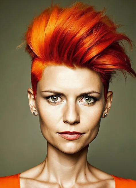 portrait of sks woman by Flora Borsi, style by Flora Borsi, bold, bright colours, orange Mohawk haircut, ((Flora Borsi)), <lora:locon_claire_v1_from_v1_64_32:1.3>