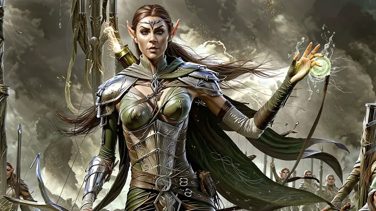 (realistic:1.5), solo, the high elf woman, holding magic, at war with army, full body shot, <lora:EdobESO_XL_v1.0:1>